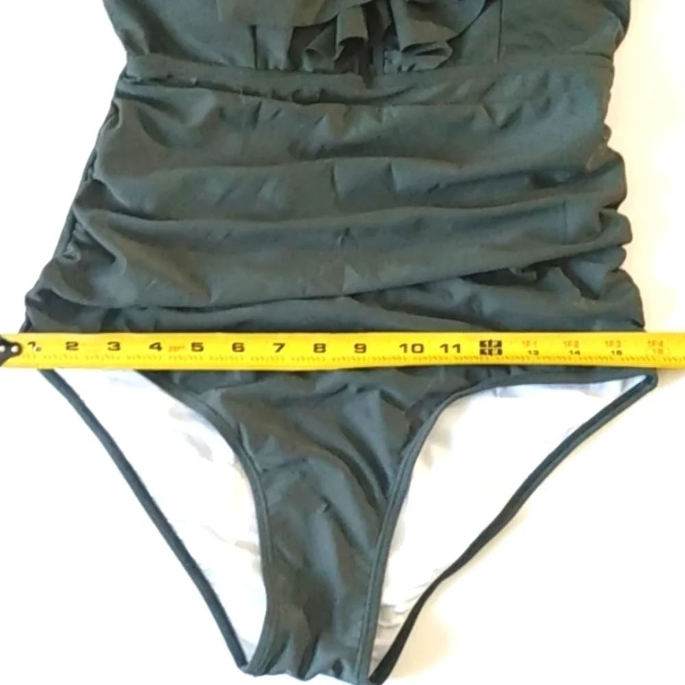 PLUNGE V-NECK MONOKINI Green Ruffle Trim Lace Up Back Ruched Swimsuit SIZE LARGE - Picture 11 of 15